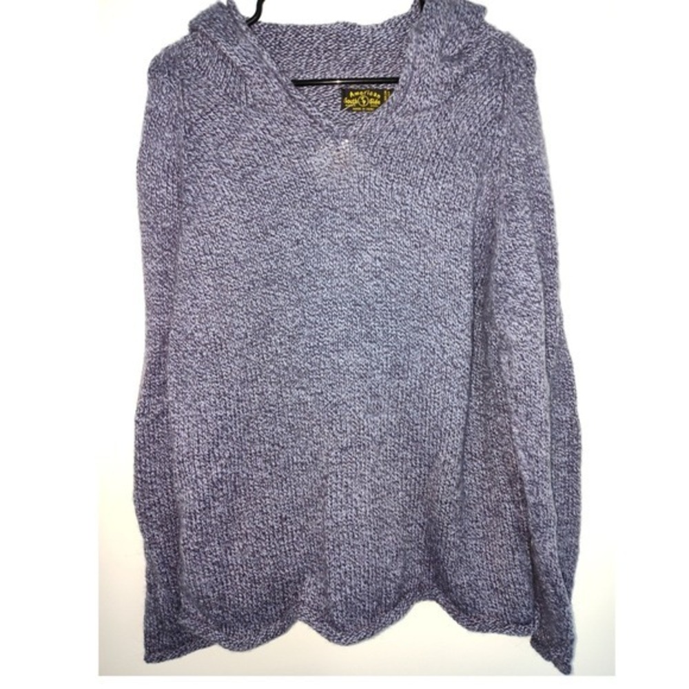 American South Side Alpaca Wool Hooded Sweater Purple Marled Knit Scallop Hem L